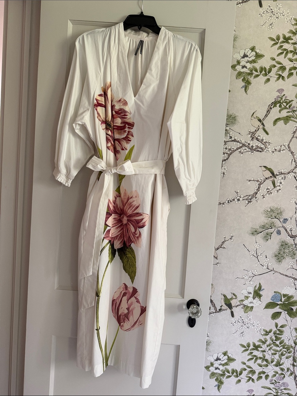Anthropologie White Midi Dress with Pink Floral Print